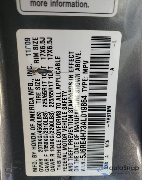 2010 Honda Cr-V Exl from USA, damaged, VIN 5J6RE4H73AL019864